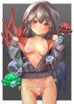  1girl adapted_costume asymmetrical_wings bikini black_hair black_hoodie blue_wings blush bubble cameltoe closed_mouth commentary_request covered_nipples cowboy_shot grey_background hood hood_up hoodie houjuu_nue long_sleeves looking_at_viewer micro_bikini open_clothes open_hoodie pointy_ears red_eyes red_wings short_hair sleeveless solo swimsuit tomoe_(symbol) touhou two-tone_background ufo wet_bikini white_background white_bikini wings yawdeone zipper 