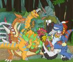 absurd_res agumon allomon anal anal_penetration animal_genitalia anthro bandai_namco blue_body blue_eyes bodily_fluids brachiomon claws cloaca cloacal cloacal_penetration cloacal_penis cum cum_in_ass cum_inside cum_while_penetrated digimon digimon_(species) dinosaur feathers feral genital_fluids genitals green_body green_eyes group hi_res horn leaking leaking_cum leaking_precum male male/male male_penetrated male_penetrating male_penetrating_male markings monochromon neck_tuft open_mouth oral oral_penetration orange_body p.v.su parasaurmon penetration penis precum prehistoric_species red_body red_eyes reptile saliva saliva_string scalie sex spikes spinomon sulcus sulcus_spermaticus tail teeth triceramon tuft tyrannomon