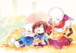  2boys 2others blue_jacket blue_sweater brothers brown_hair chibi chibi_only closed_eyes eating food fork frisk_(undertale) holding holding_fork jacket mii_(chibinomi) monster_kid_(undertale) multiple_boys multiple_others papyrus_(undertale) pasta sans_(undertale) siblings sitting skeleton sleeping spaghetti sweater undertale 