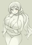  1girl blush bra breasts cleavage collarbone commentary_request cowboy_shot grey_background greyscale grin hair_between_eyes halterneck lace-trimmed_bra lace-trimmed_panties lace_trim long_hair looking_at_viewer love_live! love_live!_school_idol_project low_twintails monochrome navel panties pas_(paxiti) simple_background smile solo spot_color standing stomach thick_thighs thighs tojo_nozomi twintails underwear underwear_only very_long_hair 