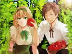  1girl axis_powers_hetalia bad_id bad_pixiv_id basket belgium_(hetalia) blonde_hair bow brown_hair closed_eyes couple dress green_eyes green_hairband hairband hetero oosugi_michiko ribbon short_hair smile spain_(hetalia) tomato 