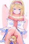  ! 1girl adapted_costume alice_margatroid apron blonde_hair blue_dress blue_eyes blush bow capelet closed_mouth collarbone commentary convenient_censoring doll dondyuruma dress frilled_hairband frills hair_bow hairband highres lolita_hairband long_hair long_sleeves looking_at_viewer necktie off_shoulder open_mouth red_bow red_hairband red_necktie redrawn shanghai_doll sitting smile solo sweatdrop touhou very_long_hair waist_apron white_apron white_capelet |_| 