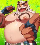  1boy animal_ears bara bare_pectorals belly biceps commentary fangs fingerless_gloves furry furry_male gloves green_pants highres holding holding_microphone hombre_tigre_(housamo) looking_at_viewer male_focus microphone navel nipples open_mouth orange_fur pants pectorals plump pointing pointing_at_viewer smile suna_sand1 tiger_boy tiger_ears tiger_stripes tokyo_afterschool_summoners topless_male 
