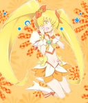  ayamoto blonde_hair boots bow choker cure_sunshine floral_background hair_ribbon heartcatch_precure! knee_boots long_hair magical_girl midriff myoudouin_itsuki orange_(color) orange_background orange_bow orange_choker orange_skirt precure ribbon skirt solo twintails very_long_hair yellow_bow yellow_eyes 