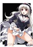  :o bow breasts cleavage doll_joints dress flower gothic_lolita gucchi hairband lolita_fashion long_hair medium_breasts purple_flower purple_rose red_eyes ribbon rose rozen_maiden silver_hair skirt_hold solo suigintou 