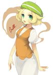  :d arms_at_sides bad_id bad_pixiv_id bare_arms bel_(pokemon) blonde_hair breasts character_name cowboy_shot eyelashes green_eyes green_hair hair_flaps hat kippu looking_at_viewer open_mouth orange_vest pencil_skirt pokemon pokemon_(game) pokemon_bw puffy_short_sleeves puffy_sleeves shirt short_hair short_sleeves skirt small_breasts smile solo white_shirt white_skirt wrist_extended 