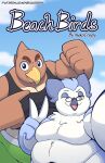 2021 5_fingers andy_(nekocrispy) anthro artist_name avian beak belly big_belly bird black_clothing black_shirt black_tank_top black_topwear bottomwear brown_body brown_feathers cel_shading clothed clothing cloud colored cover cover_art cover_page day digital_media_(artwork) duo english_text eyebrows eyewear feathers featureless_chest fingers front_view gesture glasses green_bottomwear green_clothing hand_gesture happy hi_res looking_at_viewer male moobs multicolored_body multicolored_feathers navel nekocrispy obese obese_anthro obese_male oliver_(nekocrispy) one_eye_closed open_mouth open_smile outside overweight overweight_anthro overweight_male pupils purple_body purple_feathers round_glasses selfie shaded shirt smile standing tan_body tan_feathers tank_top text thick_eyebrows thick_thighs topwear url v_sign wearing_glasses white_body white_feathers yellow_eyes