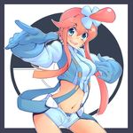  blue_eyes fuuro_(pokemon) gloves hair_ornament iguana_henshuu-chou midriff navel pokemon pokemon_(game) pokemon_bw red_hair short_shorts shorts solo 