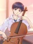  black_eyes black_hair bow_(instrument) cello dusk hotate_(scalloping) ikari_shinji instrument male_focus neon_genesis_evangelion solo 