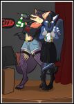 absurd_res avian canid canine circuit19 clothing duo embarrassed female female/female fishnet_clothing gryphon hi_res karaoke looking_down mammal mythological_avian mythological_creature mythology singing