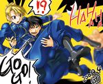  2boys aiguillette alex_louis_armstrong blonde_hair boots carrying english folded_ponytail fullmetal_alchemist multiple_boys princess_carry riza_hawkeye roy_mustang takehide tsurime uniform 