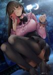  1girl black_bow black_bowtie black_choker black_hair black_shoes black_skirt black_thighhighs bow bowtie breasts cellphone choker closed_mouth commentary_request convenient_leg crescent_moon dutch_angle frilled_shirt_collar frills high-waist_skirt holding holding_leash holding_phone jewelry jirai_kei konata_(kankin_jk) large_breasts leash long_hair long_sleeves mishiranu_joshikousei_ni_kankin_sareta_mangaka_no_hanashi moon night night_sky outdoors phone pink_shirt pov purple_nails ring ryouma_(galley) shirt shoes skirt sky smartphone smile solo squatting thighhighs viewer_on_leash 