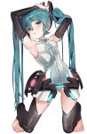  1girl armpits arms_up ass_visible_through_thighs barefoot black_sleeves black_thighhighs blue_hair blush bodysuit breasts commentary_request detached_leggings detached_sleeves hair_between_eyes hatsune_miku hatsune_miku_(append) highres kneeling long_hair looking_at_viewer natoruuuu parted_lips simple_background sleeveless sleeveless_bodysuit small_breasts solo sweat thighhighs transparent_background twintails vocaloid white_bodysuit 