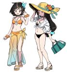  1girl bag bikini black_bikini black_hair breasts brown_eyes choker dede_(qwea_00000) final_fantasy final_fantasy_ix garnet_til_alexandros_xvii gloves handbag hat jewelry long_hair low-tied_long_hair multiple_views navel orange_bikini pendant sandals sarong shirt short_hair smile sun_hat swimsuit tied_shirt white_shirt 