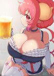  1girl alcohol alternate_costume bare_shoulders beer beer_mug blush breast_focus breasts choker cleavage cup curled_horns dragon_horns dress frilled_dress frilled_sleeves frills garter_straps gradient_hair grey_thighhighs highres holding holding_cup horns huge_breasts ilulu_(maidragon) kobayashi-san_chi_no_maidragon leaning_to_the_side long_sleeves looking_to_the_side mug multicolored_hair oppai_loli pointy_ears purple_hair red_eyes red_hair red_ribbon reiwa_rerere ribbon short_hair_with_long_locks sign sitting sleeveless smile solo thighhighs white_sleeves 