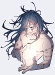  1boy abs blue_eyes cropped_torso cursed_spirit_(jujutsu_kaisen) floating_hair heterochromia highres jujutsu_kaisen long_hair looking_at_hands looking_down mahito_(jujutsu_kaisen) male_focus mim_(mimya0600) nude parted_lips pectorals simple_background smile solo stitched_arm stitched_face stitched_neck stitched_wrist stitches toned toned_male white_background yellow_eyes 