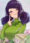  1girl absurdres breasts diagonal_bangs earrings green_sweater grin hair_ornament hairclip half-closed_eyes hand_up highres idolmaster idolmaster_shiny_colors jewelry long_sleeves looking_at_viewer low_twintails nail_polish orange_nails purple_eyes purple_hair ryo---ta smile solo sweater tanaka_mamimi turtleneck turtleneck_sweater twintails upper_body v 