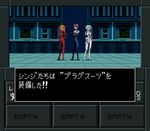  2girls ayanami_rei blue_hair bodysuit brown_hair contrapposto fake_screenshot full_body hair_ornament hand_on_hip holding_arm ikari_shinji long_hair looking_at_viewer multiple_girls neon_genesis_evangelion orange_hair parody pixel_art plugsuit red_eyes shin_megami_tensei short_hair souryuu_asuka_langley standing tile_floor tiles translated white_bodysuit yg 