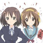  armband bad_id bad_pixiv_id brown_eyes brown_hair company_connection core_(mayomayo) cosplay costume_switch crossover grin hair_ribbon hairband hirasawa_yui hirasawa_yui_(cosplay) k-on! kita_high_school_uniform kyoto_animation multiple_girls orange_hairband ribbon school_uniform serafuku short_hair smile suzumiya_haruhi suzumiya_haruhi_(cosplay) suzumiya_haruhi_no_yuuutsu 