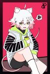  10qi 1girl absurdres ahoge animal_ear_fluff animal_ears arm_on_knee bags_under_eyes bike_shorts black_shirt black_shorts border borrowed_character can colored_tips commentary dot_nose double-parted_bangs drawstring drink drink_can english_commentary extra_ears eyebrows_hidden_by_hair feet_out_of_frame flipped_hair green_eyes green_hoodie green_sleeve_cuffs hair_between_eyes half-closed_eyes hand_on_own_thigh hand_up highres holding holding_can holding_drink hood hood_down hoodie hunched_over jitome kneehighs leg_up logo long_eyelashes long_sleeves looking_at_viewer looking_to_the_side mouse_ears mouse_girl mouse_tail multicolored_hair multiple_piercings narrowed_eyes open_can open_mouth original partially_shaded_face perl_(vertigris) pink_background pink_hair pink_tail print_hoodie puffy_long_sleeves puffy_sleeves raised_eyebrows raised_inner_eyebrows shirt short_hair short_shorts shorts sidelocks sitting sleepy socks solo speech_bubble spoken_squiggle squiggle tail thick_eyelashes thighs turtleneck turtleneck_shirt two-sided_hoodie two-tone_hair white_hair white_hoodie white_socks 