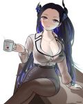  1girl asymmetrical_horns black_hair black_skirt blue_hair breasts cleavage coffee coffee_mug colored_inner_hair crystal_horns cup demon_horns highres holding holding_cup hololive hololive_english horns large_breasts leather_skirt mayade_art mole mole_under_eye mug multicolored_hair nerissa_ravencroft nerissa_ravencroft_(casual) office_lady official_alternate_costume pantyhose pencil_skirt print_mug red_eyes shirt skirt soju solo two-tone_hair uneven_horns virtual_youtuber white_shirt 