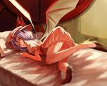  :o bare_back bat_wings bed hat high_heels looking_at_viewer lying on_back pumps purple_hair red_eyes remilia_scarlet shoes short_hair solo thighhighs touhou tsurime wings yasumo_(kuusouorbital) 