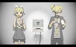  blonde_hair blue_eyes bow computer cup eating food glasses headphones kagamine_len kagamine_rin mouse open_mouth overalls pony_tail ramen steam tagme tie vocaloid water 