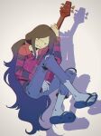  1girl adventure_time artist_name ax_bass axe_guitar bass_guitar black_hair colored_skin commentary drop_shadow fang feet grey_skin horizontal-striped_clothes instrument long_hair marceline_abadeer raya_(uk_0128) solo toes vampire 
