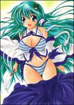  bikini detached_sleeves frog front-tie_top green_eyes green_hair kochiya_sanae long_hair marker_(medium) pastel_(medium) snake solo striped striped_bikini striped_swimsuit swimsuit touhou traditional_media undressing very_long_hair yadokari_genpachirou 