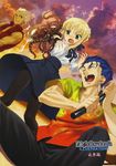  2boys ahoge archer artoria_pendragon_(all) blonde_hair blue_hair casual cloud dress earrings fate/hollow_ataraxia fate/stay_night fate_(series) fishing_rod green_eyes hair_ribbon highres jewelry lancer multiple_boys octopus pantyhose red_eyes ribbon saber skirt sky surprised white_hair youta 