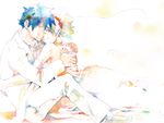  1girl blue_hair bow bowtie closed_eyes couple dress earrings happy hetero hug jewelry multicolored_hair nia_teppelin simon sitting tengen_toppa_gurren_lagann tuxedo veil wedding_dress zukki_(suzukio) 