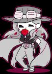  1boy absurdres belt belt_buckle black_background bridal_gauntlets buckle cape chibi commentary cowboy_hat english_commentary flower full_body goggles goggles_on_headwear gyro_zeppeli hand_on_own_hip hat highres holding holding_flower jojo_no_kimyou_na_bouken limited_palette long_hair m_a_a_m_8 male_focus petals red_flower red_rose rose short_sleeves solo spot_color spurs standing steel_ball_run 