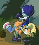 absurd_res activision anthro bandicoot blonde_hair blue_body blue_eyes blue_hair bullying butt butt_cleavage clenched_teeth clothing coco_bandicoot crash_bandicoot_(series) duo female female/female fur hair hi_res human mammal marsupial nina_cortex orange_body orange_fur panties teeth underwear wedgie wkrobinsson