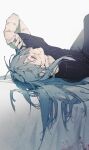  1boy androgynous arm_up bed black_pants black_shirt blue_hair closed_mouth cursed_spirit_(jujutsu_kaisen) hair_between_eyes highres jujutsu_kaisen long_hair looking_up lying mahito_(jujutsu_kaisen) male_focus mim_(mimya0600) on_back pants shirt solo stitched_arm stitched_face stitched_wrist stitches white_background yellow_eyes 