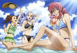  absurdres aqua_eyes barefoot bikini blush breasts cleavage cloud crop_top day drill_hair drink feet feldt_grace gundam gundam_00 hat highres ikeda_kayo lavender_hair light_rays long_hair medium_breasts midriff mileina_vashti multiple_girls navel official_art open_mouth pink_hair polka_dot polka_dot_bikini polka_dot_swimsuit purple_eyes short_hair side-tie_bikini silver_hair sitting skirt sky soma_peries straw_hat striped striped_bikini striped_swimsuit sunbeam sunlight swimsuit tank_top tankini twintails yellow_eyes 