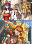 absurd_res abuse anthro blonde_hair blood blue_body blue_fur bodily_fluids breasts brush_tail cleavage clothed clothed_anthro clothing drone_commander dronecommander face_punch fangs fel_(drone_commander) felid feline female fur group hair hi_res human kira_(drone_commander) male mammal meme murchie punch red_hair sekarri striker_(drone_commander) tail tears teeth trio violence