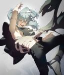  1boy absurdres androgynous arm_up black_pants black_shirt blue_eyes blue_hair commentary_request cursed_spirit_(jujutsu_kaisen) floating_hair foot_out_of_frame hair_between_eyes heterochromia highres jujutsu_kaisen long_hair looking_at_viewer mahito_(jujutsu_kaisen) male_focus mim_(mimya0600) pants shirt shoes solo stitched_arm stitched_face stitched_wrist stitches teeth tongue tongue_out upper_teeth_only white_shoes yellow_eyes 