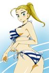  ass bikini blonde_hair cowboy_shot front-tie_top green_eyes halter_top halterneck hasunuma_riko high_ponytail long_hair looking_back michael parted_lips ponytail side-tie_bikini single_bang solo striped striped_bikini striped_swimsuit swimsuit terao 