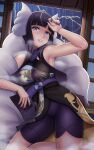  1girl alternate_costume armpits black_dress black_hair blunt_bangs dress electricity elesa_(pokemon) fake_horns floral_print hand_on_own_head highres horns japanese_clothes kimono light_smile lightning multicolored_hair negaska official_alternate_costume pokemon pokemon_bw pokemon_bw2 pokemon_masters_ex purple_eyes purple_nails rain sash seiza shawl shorts sidelocks sitting sleeveless sleeveless_dress sleeveless_kimono solo streaked_hair teeth textless_version wet 