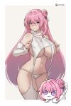  1girl blush braid breasts closed_mouth commentary doro_(nikke) dorothy_(nikke) goddess_of_victory:_nikke grey_background hair_between_eyes hair_bun hair_ribbon highres hioyami large_breasts long_hair long_sleeves looking_to_the_side meme_attire navel panties patreon_logo patreon_username pink_eyes pink_hair purple_ribbon ribbed_sleeves ribbed_sweater ribbed_thighhighs ribbon single_hair_bun smile sweater thighhighs thighs two-tone_background underwear virgin_killer_sweater white_background white_panties white_ribbon white_sleeves white_sweater white_thighhighs 