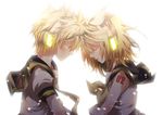  1girl blonde_hair brother_and_sister closed_eyes face-to-face forehead-to-forehead hair_ornament hair_ribbon hairclip headphones kagamine_len kagamine_rin necktie ribbon short_hair siblings twins vocaloid yyukke 