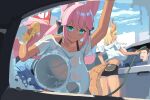  1boy 2girls against_glass animal_ears aqua_eyes ass bamboowacker black_bra black_shorts blonde_hair blue_shorts blush bra bra_visible_through_clothes breast_press breasts breasts_on_glass car car_wash_(place) closed_mouth dark-skinned_female dark_skin denim denim_shorts dragon_girl dragon_horns foam fox_ears fox_girl fox_tail from_behind highres holding holding_hose holding_sponge horns hose huge_breasts large_tail leaning_forward lips long_hair looking_at_viewer motor_vehicle multiple_girls original pink_hair shirt short_hair shorts slit_pupils smile sponge tail underwear very_long_hair washing_vehicle wet wet_clothes wet_shirt white_shirt 
