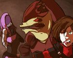  2girls alien bad_id bad_pixiv_id brown_hair commander_shepard commander_shepard_(female) fewer_digits helmet krogan mass_effect meta_ray_mek multiple_girls quarian sharp_teeth tali'zorah teeth urdnot_wrex 