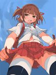  backpack bag brown_eyes brown_hair hair_ribbon kitano_yuusuke marui_mitsuba mitsudomoe navel randoseru ribbon short_hair short_twintails sketch skirt solo thighhighs twintails zettai_ryouiki 