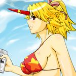  alternate_hairstyle bikini_top blonde_hair breasts coolon face hair_ribbon hair_up horn hoshiguma_yuugi large_breasts lens_flare lips ponytail profile red_eyes ribbon short_hair sideboob smile solo swimsuit touhou underboob upper_body 