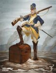  1boy beard blonde_hair blue_eyes blue_jacket boots captain_morgan_pose carolean emilmaxen english_commentary facial_hair full_body gloves grey_sky gun hat highres holding holding_gun holding_sword holding_weapon jacket knee_boots male_focus military military_hat military_uniform musket original outdoors pants saber_(weapon) scabbard sheath sky smoke smoking_pipe solo standing sweden sword treasure_chest weapon white_gloves white_pants 