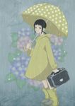  absurdres bag black_hair bookbag boots coat flower grey_eyes highres hydrangea kaga_ai mole polka_dot polka_dot_umbrella ponytail puddle rain raincoat rubber_boots sayonara_zetsubou_sensei school_briefcase short_hair sidelocks solo umbrella water 