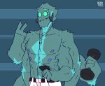 2022 4_fingers 4_pecs 6_arms 8_eyes abs animal_humanoid arachnid arachnid_humanoid arthropod arthropod_humanoid barazoku blue_accents blue_arms blue_body blue_body_hair blue_chest blue_eyebrows blue_fingers blue_hands blue_head blue_nipples bottomwear caius_(citrigoo) clothing darkburg electronics eyebrows fangs fingers green_eyes headphones humanoid male male_humanoid multi_arm multi_eye multi_limb multi_pecs muscular muscular_humanoid nipples not_furry pants pecs phone signature smile spider_humanoid teeth weights