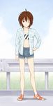  bad_id bad_pixiv_id brown_eyes brown_hair denim denim_shorts mamoru_(sister_princess) mizugame one_eye_closed open_toe_shoes sandals shoes short_hair shorts sister_princess solo sports_bra 