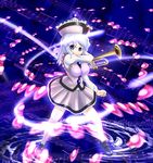  blue_eyes blue_hair chuuten_(clam_chowder) danmaku hat instrument merlin_prismriver musical_note short_hair solo thighhighs touhou trumpet zettai_ryouiki 